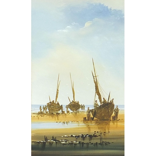 1661 - Ken Hammond - Figures on a beach before ships, set of four oils, mounted, framed and glazed, each 24... 