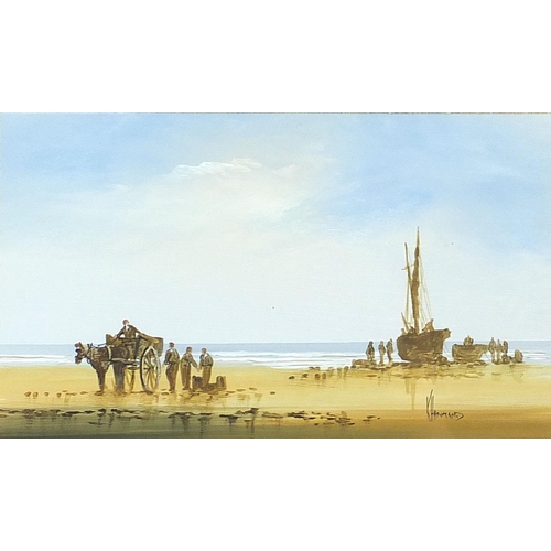 1661 - Ken Hammond - Figures on a beach before ships, set of four oils, mounted, framed and glazed, each 24... 