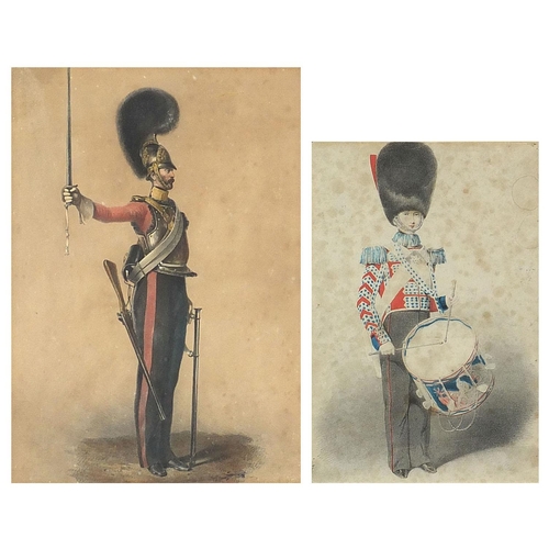 697 - Soldier and drummer, two military interest prints in colour, mounted, framed and glazed, the largest... 