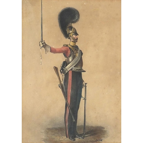 697 - Soldier and drummer, two military interest prints in colour, mounted, framed and glazed, the largest... 