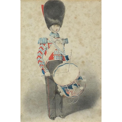 697 - Soldier and drummer, two military interest prints in colour, mounted, framed and glazed, the largest... 