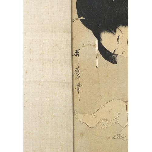 104 - Mother and child, Japanese woodblock print with character marks, mounted, framed and glazed, 36cm x ... 
