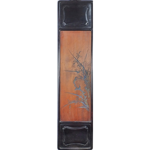 106 - Set of four Chinese hardwood panels carved with calligraphy and flowers, each 106cm x 25.5cm