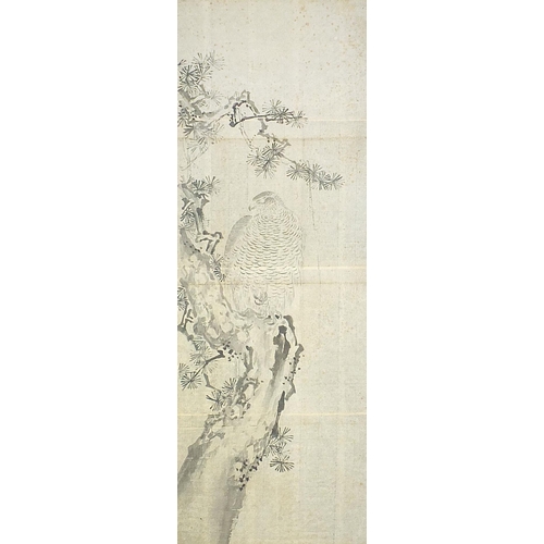 92 - Owl amongst branches, Chinese picture, Stacy-Marks Gallery label verso, framed and glazed, 103cm x 3... 