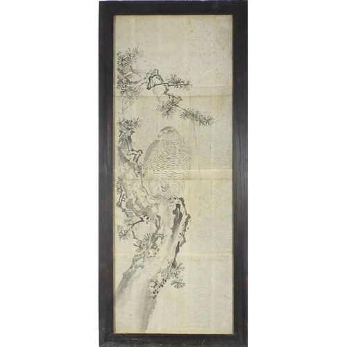 92 - Owl amongst branches, Chinese picture, Stacy-Marks Gallery label verso, framed and glazed, 103cm x 3... 