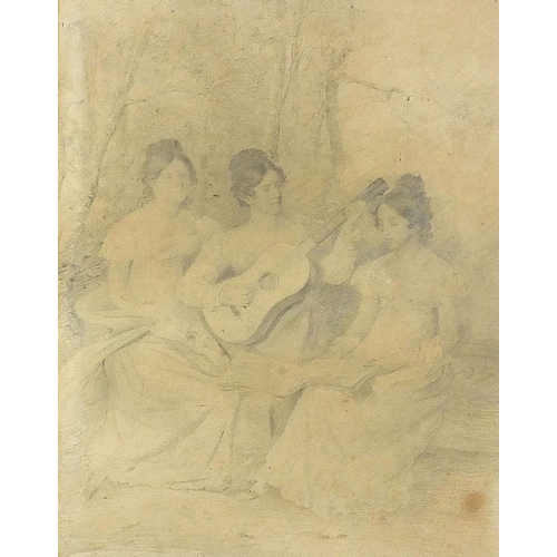 516 - Three females playing instruments, early 19th century pencil drawing, partial C W Jordan label verso... 