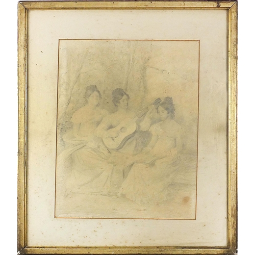 516 - Three females playing instruments, early 19th century pencil drawing, partial C W Jordan label verso... 