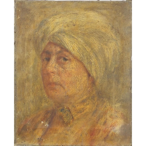 513 - Head and shoulders portrait of a female wearing a turban, oil on canvas, unframed, 38.5cm x 31cm