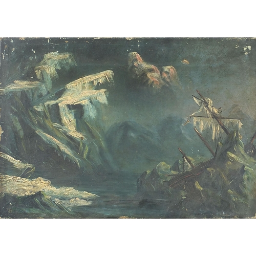 512 - Shipwreck before mountains, Artic, oil on canvas, indistinctly monogrammed, unframed, 33cm x 23cm