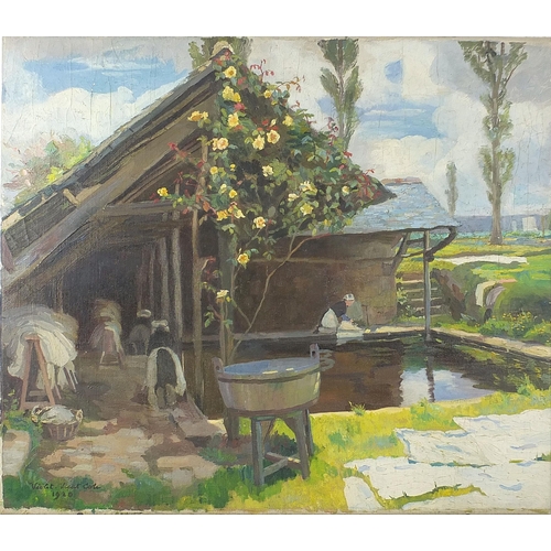 700 - Violet Vicat Cole 1920 - Figures washing laundry, oil on canvas, unframed, 58cm x 50.5cm