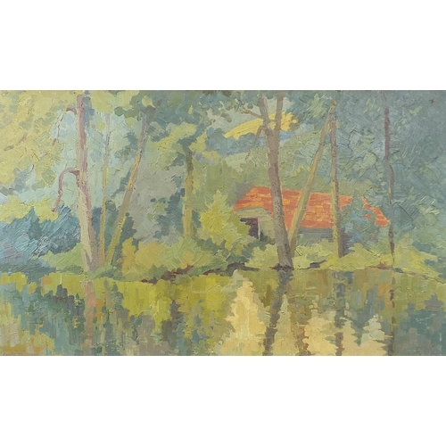 708 - Lanta Spurrier - Water before trees, British oil on canvas, mounted and framed, 75cm x 44cm excludin... 