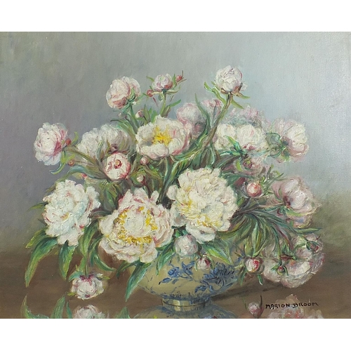 444 - Marion L Broom - Still life flowers in a bowl, oil on canvas, mounted and framed, 74.5cm x 62cm excl... 