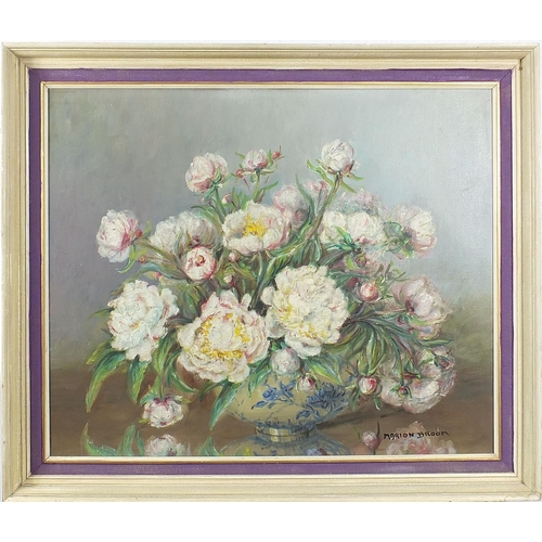 444 - Marion L Broom - Still life flowers in a bowl, oil on canvas, mounted and framed, 74.5cm x 62cm excl... 