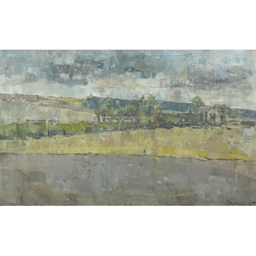 705 - Alan Turvill - Fields before buildings, oil on board,  labels verso including Young Contemporaries, ... 