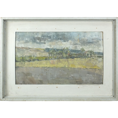 705 - Alan Turvill - Fields before buildings, oil on board,  labels verso including Young Contemporaries, ... 