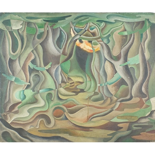 703 - Surreal landscape, oil on canvas, Maples's Depositary label verso, unframed, 76cm x 63cm