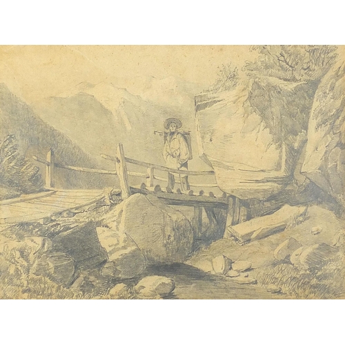 506 - Figure crossing a bridge before mountains, pencil drawing, mounted, framed and glazed, 29cm x 20.5cm... 