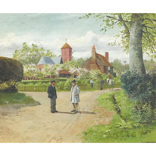 657 - Thomas James Purchas - Isle of Wight village scene with figures and church, late 19th century oil, f... 