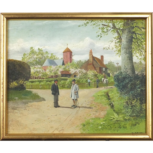 657 - Thomas James Purchas - Isle of Wight village scene with figures and church, late 19th century oil, f... 