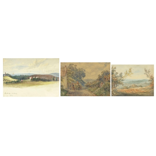 710 - Fields before hills and horse and cart beside a house, three watercolours, one signed C Jones, two m... 