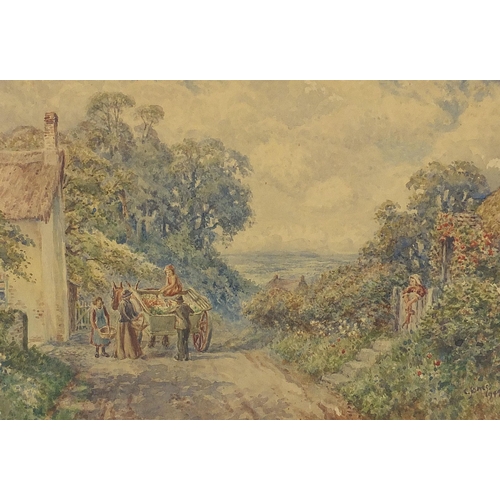 710 - Fields before hills and horse and cart beside a house, three watercolours, one signed C Jones, two m... 