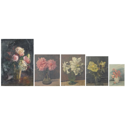 1640 - Still life flowers, five 20th century oils, one signed D Knott, one mounted, framed and glazed, two ... 