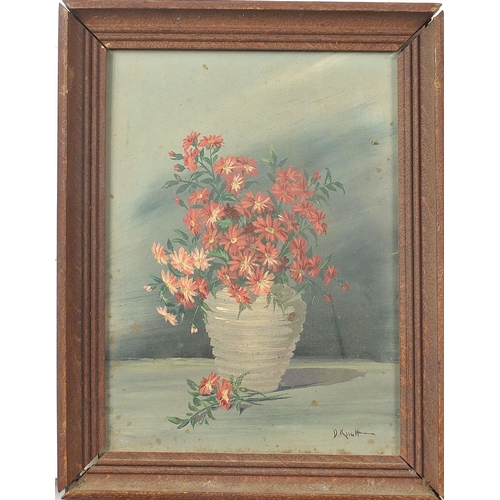 1640 - Still life flowers, five 20th century oils, one signed D Knott, one mounted, framed and glazed, two ... 