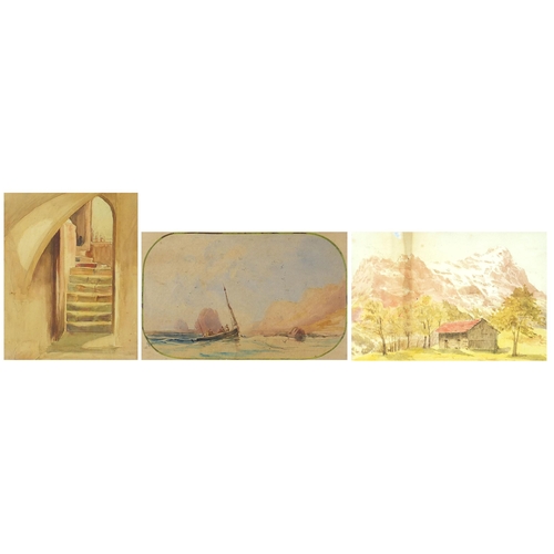 709 - Asian landscape, street scene and coastal scene with boat, three watercolours, mounted, framed and g... 