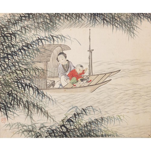 91B - Five Chinese watercolours on paper including figures beside pagodas and figures in a boat, unframed,... 