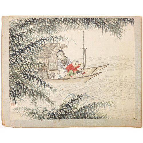 91B - Five Chinese watercolours on paper including figures beside pagodas and figures in a boat, unframed,... 