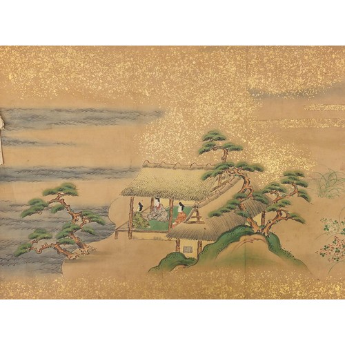 91B - Five Chinese watercolours on paper including figures beside pagodas and figures in a boat, unframed,... 