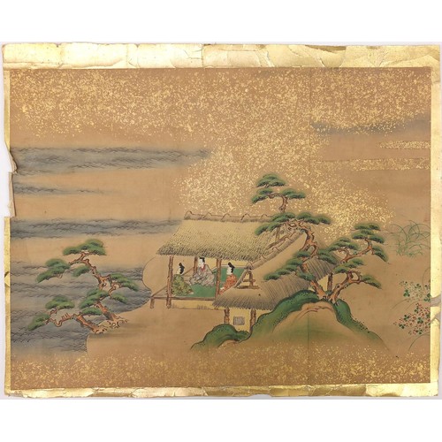 91B - Five Chinese watercolours on paper including figures beside pagodas and figures in a boat, unframed,... 