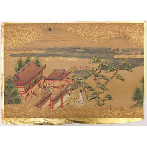 91B - Five Chinese watercolours on paper including figures beside pagodas and figures in a boat, unframed,... 