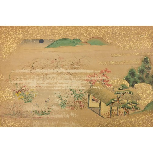 91B - Five Chinese watercolours on paper including figures beside pagodas and figures in a boat, unframed,... 