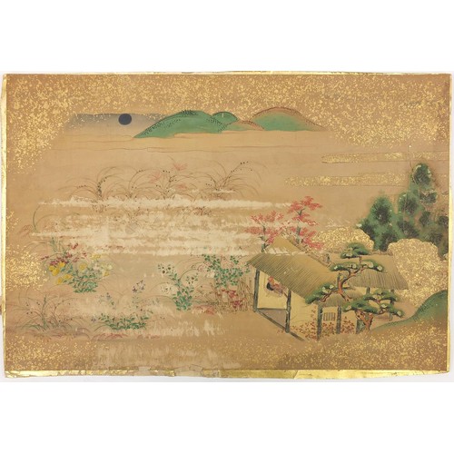 91B - Five Chinese watercolours on paper including figures beside pagodas and figures in a boat, unframed,... 