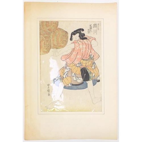 102A - Warrior and female with fan, pair of Japanese woodblock prints with character marks and calligraphy,... 