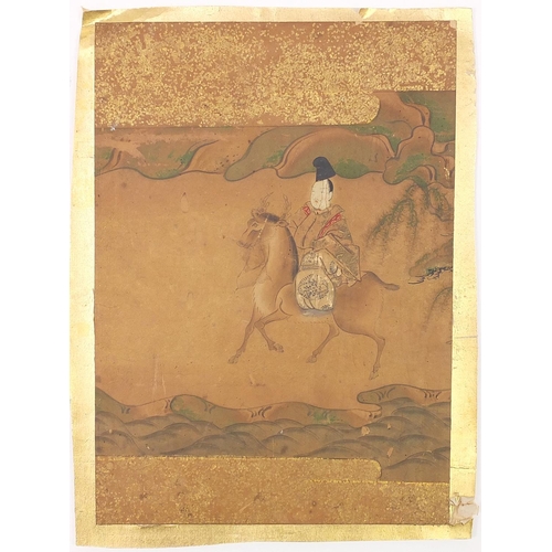 91A - Six Chinese watercolours on paper including calligraphy, figures on horseback and birds, unframed, t... 