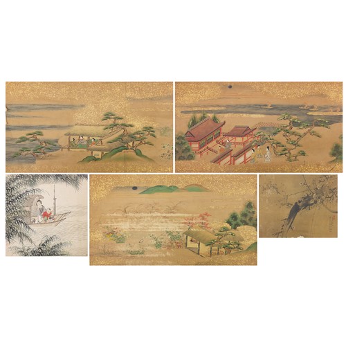 91B - Five Chinese watercolours on paper including figures beside pagodas and figures in a boat, unframed,... 