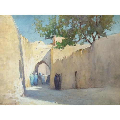 446 - Russell Dowson - Middle Eastern street scene with figures, watercolour, mounted, framed and glazed, ... 
