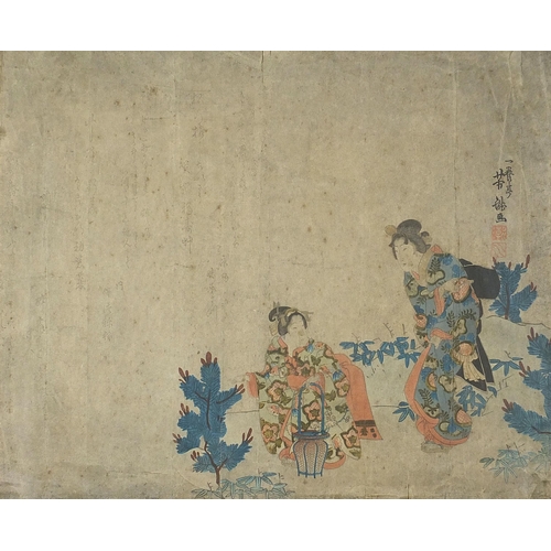 101A - Figures amongst foliage, 19th century Japanese wood block print with character marks and red seal ma... 