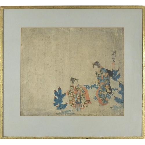 101A - Figures amongst foliage, 19th century Japanese wood block print with character marks and red seal ma... 