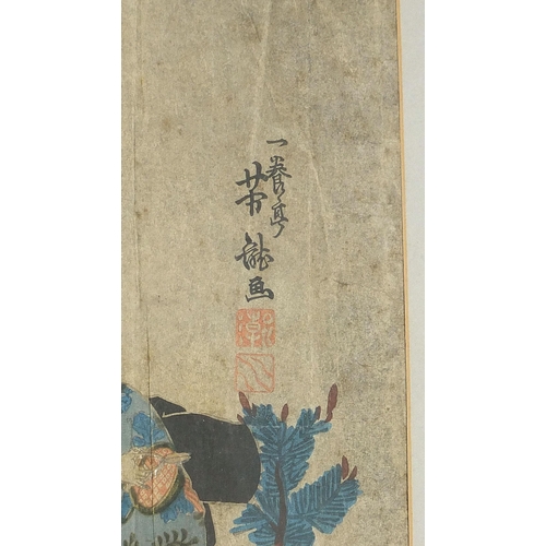 101A - Figures amongst foliage, 19th century Japanese wood block print with character marks and red seal ma... 