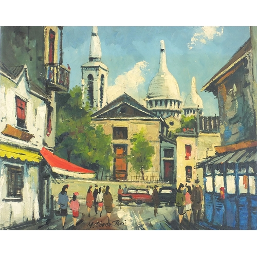 452 - Busy Parisian street scene, oil on canvas, signed M Clover, unframed, 58.5cm x 49.5cm