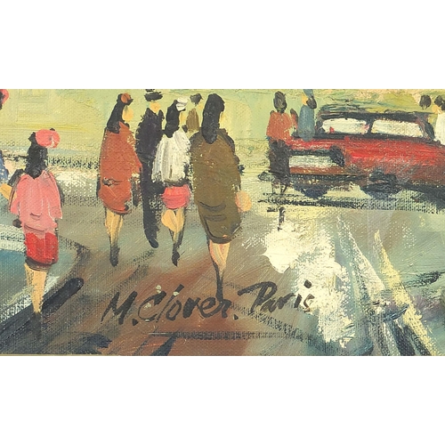 452 - Busy Parisian street scene, oil on canvas, signed M Clover, unframed, 58.5cm x 49.5cm