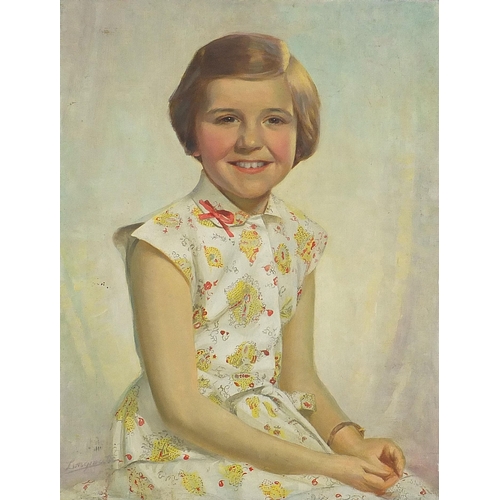 451 - Portrait of a young girl, 20th century oil on canvas, indistinctly signed, unframed, 61cm x 45.5cm