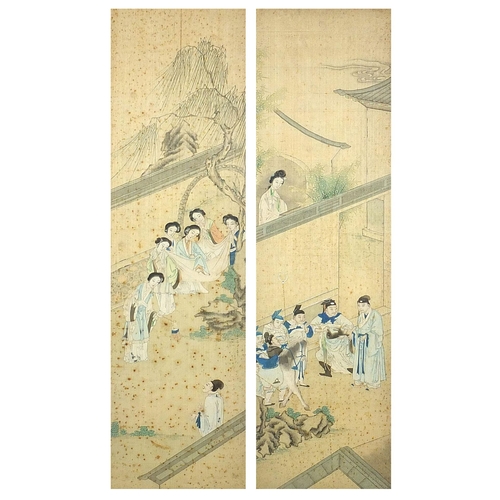 96 - Figures in a palace setting with attendants, pair of Chinese watercolours on silk, framed and glazed... 