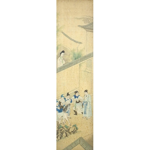 96 - Figures in a palace setting with attendants, pair of Chinese watercolours on silk, framed and glazed... 