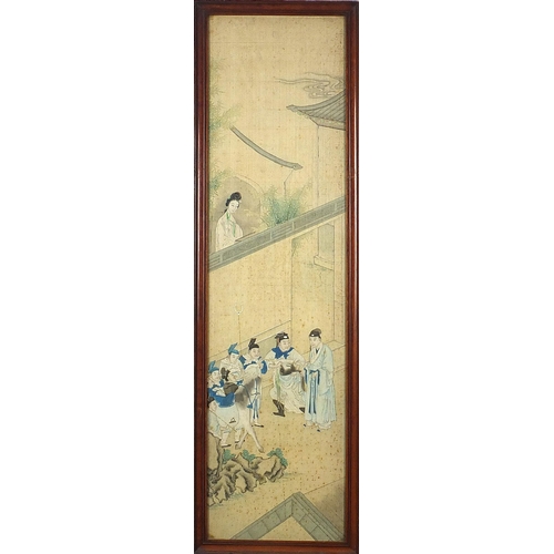 96 - Figures in a palace setting with attendants, pair of Chinese watercolours on silk, framed and glazed... 