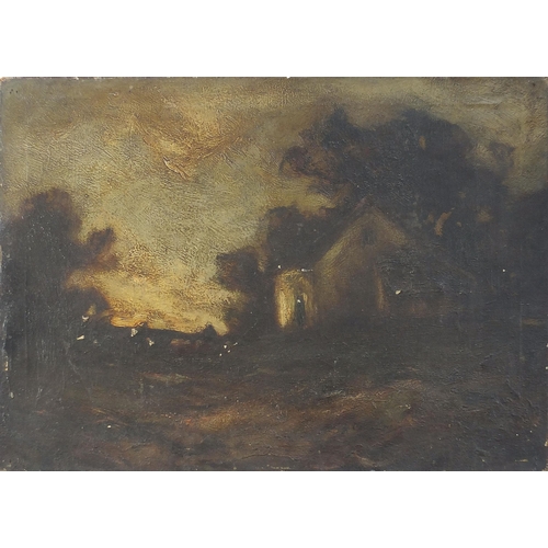 450 - Cottage before a landscape and trees, 19th century oil on canvas, unframed, 56cm x 40.5cm