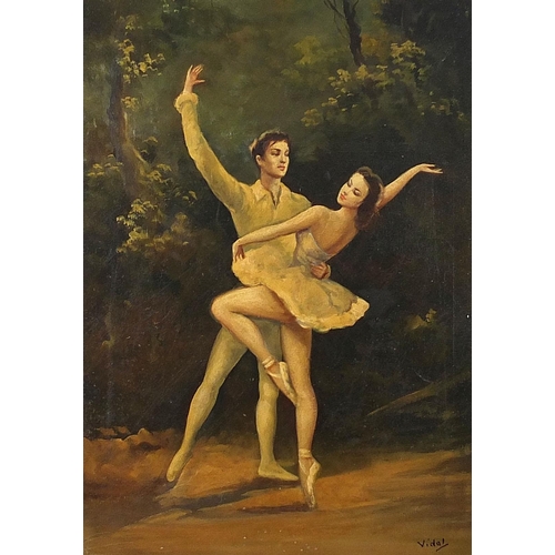 476 - Vidal - Ballet dancers, 20th century oil, applied plaque to the mount, indistinct label verso, mount... 
